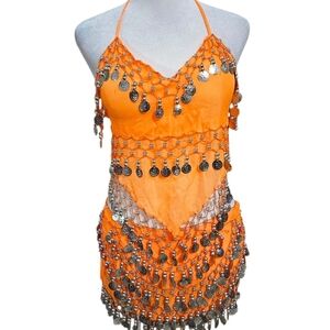 Two Piece Orange Belly Dance Costume with Silver Coin Accents. Size S/M